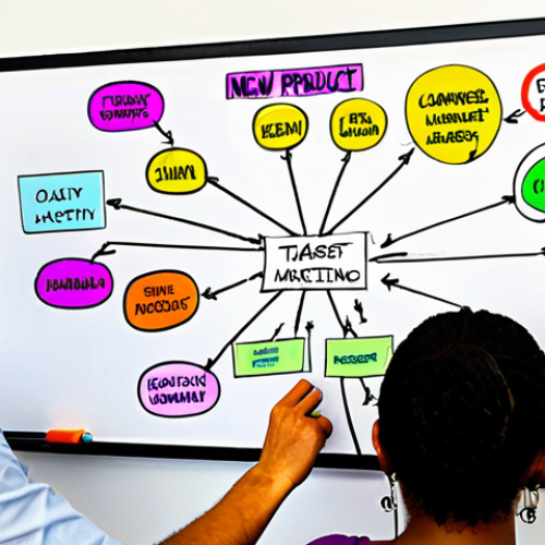 **A vibrant, collaborative mind map on a large whiteboard, surrounded by diverse team members actively contributing ideas with colorful markers. The central topic is "New Product Launch" with branches representing Target Audience, Key Messaging, and Marketing Channels. The atmosphere is energetic and engaged.**