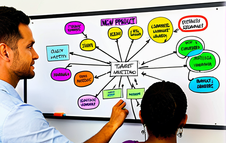 **A vibrant, collaborative mind map on a large whiteboard, surrounded by diverse team members actively contributing ideas with colorful markers. The central topic is "New Product Launch" with branches representing Target Audience, Key Messaging, and Marketing Channels. The atmosphere is energetic and engaged.**