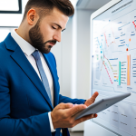 A focused professional, fully clothed in a modest business suit, intently creating a colorful mind map on a large digital tablet. The setting is a bright, modern office with soft, natural light, subtly blurred in the background. The mind map visually depicts interconnected ideas and concepts, representing enhanced cognitive power and non-linear thinking. The subject's expression shows deep concentration and clarity of thought, embodying active, engaging learning. safe for work, appropriate content, fully clothed, professional, perfect anatomy, correct proportions, natural pose, well-formed hands, proper finger count, natural body proportions, high quality, professional photography.