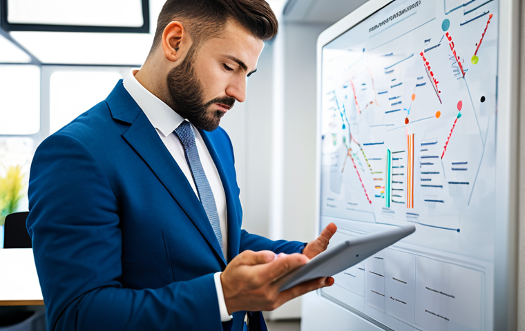 A focused professional, fully clothed in a modest business suit, intently creating a colorful mind map on a large digital tablet. The setting is a bright, modern office with soft, natural light, subtly blurred in the background. The mind map visually depicts interconnected ideas and concepts, representing enhanced cognitive power and non-linear thinking. The subject's expression shows deep concentration and clarity of thought, embodying active, engaging learning. safe for work, appropriate content, fully clothed, professional, perfect anatomy, correct proportions, natural pose, well-formed hands, proper finger count, natural body proportions, high quality, professional photography.