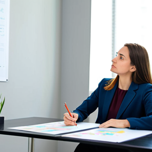 A professional woman, fully clothed in a modest business casual outfit, sitting at a clean, modern desk, actively engaged in drawing a colorful mind map on a large sheet of paper. Her expression is focused and thoughtful, indicating deep self-reflection. The background is a bright, organized office space with natural light. The scene conveys a sense of discovery and clarity. perfect anatomy, correct proportions, natural pose, well-formed hands, proper finger count, natural body proportions, safe for work, appropriate content, fully clothed, professional.