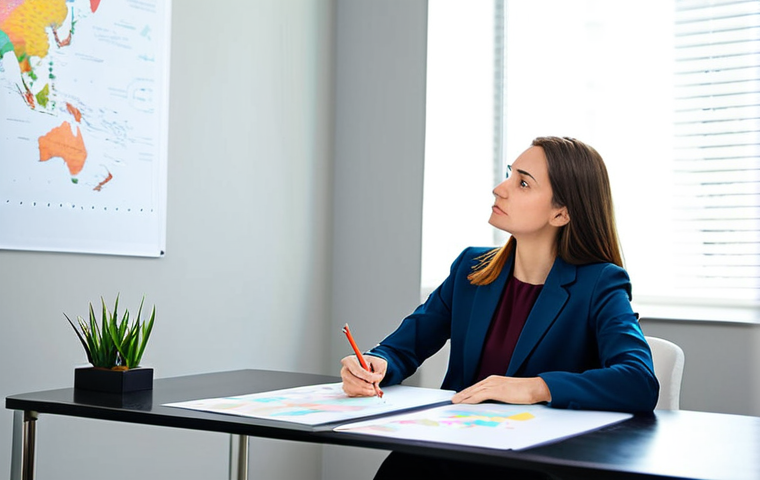 A professional woman, fully clothed in a modest business casual outfit, sitting at a clean, modern desk, actively engaged in drawing a colorful mind map on a large sheet of paper. Her expression is focused and thoughtful, indicating deep self-reflection. The background is a bright, organized office space with natural light. The scene conveys a sense of discovery and clarity. perfect anatomy, correct proportions, natural pose, well-formed hands, proper finger count, natural body proportions, safe for work, appropriate content, fully clothed, professional.