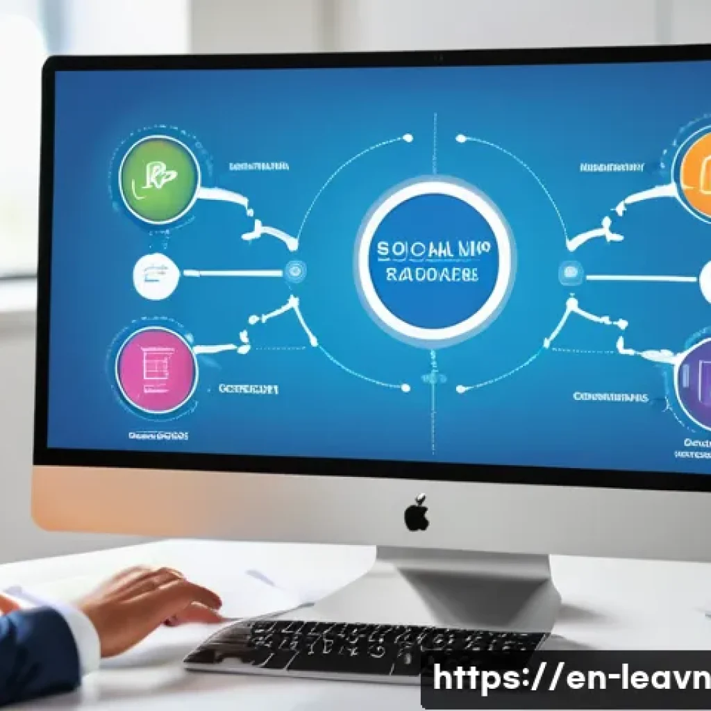 마인드맵으로 창조적인 문제 해결하기 - A vibrant digital mind map displayed on a large touchscreen monitor in a modern office setting, feat...