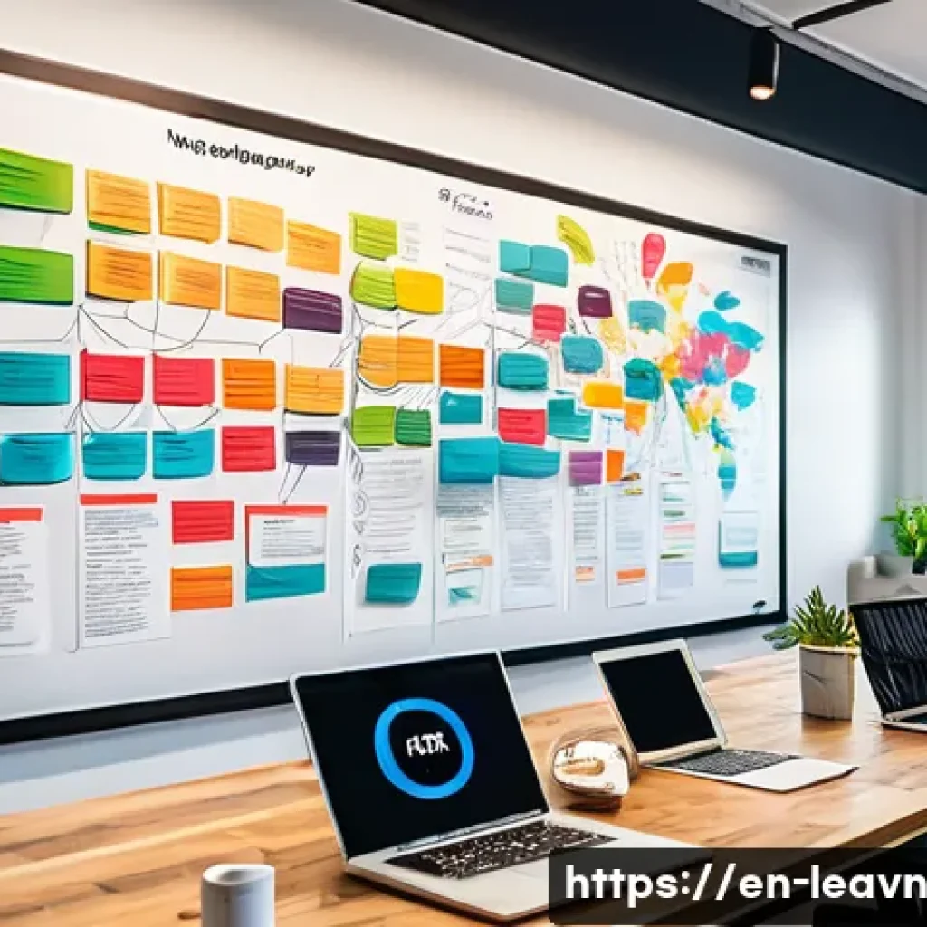 마인드맵을 활용한 자기계발 전략 - A vibrant and detailed illustration of a creative workspace featuring a large colorful mind map on a...