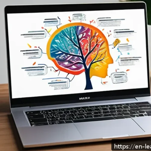 Home 32 마인드맵으로 복습 효율 높이기 - A vibrant and detailed digital mind map displayed on a sleek laptop screen, featuring colorful branc...