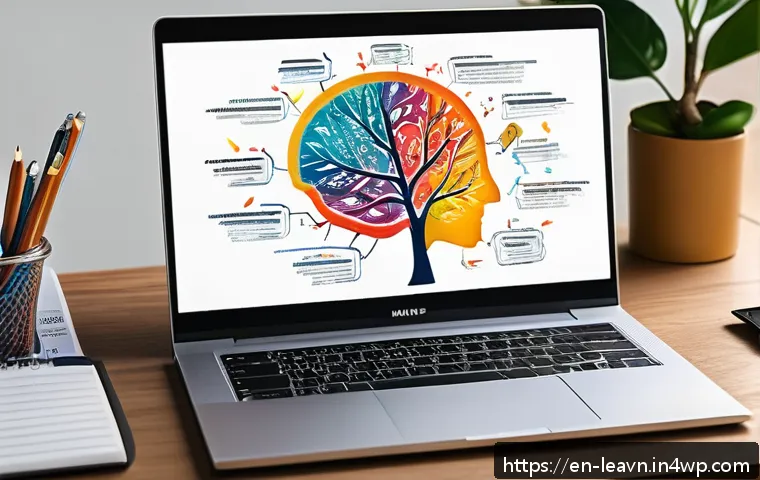 마인드맵으로 복습 효율 높이기 - A vibrant and detailed digital mind map displayed on a sleek laptop screen, featuring colorful branc...
