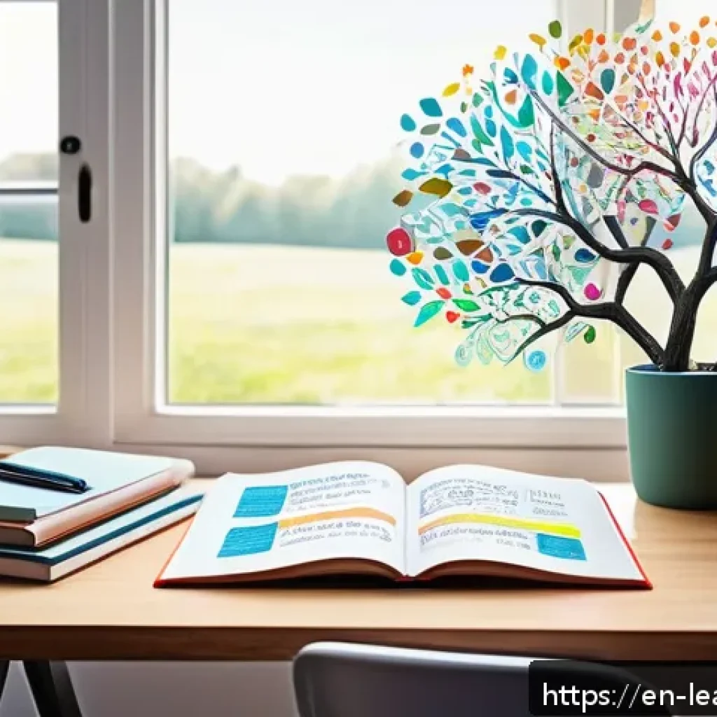 마인드맵을 이용한 시험 준비 전략 - A vibrant and detailed digital illustration of a colorful mind map spread across a large desk, featu...