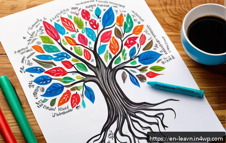 마인드맵을 활용한 독서 노트 작성법 - A vibrant, hand-drawn paper mind map spread across a large sheet of white paper on a wooden desk, fe...