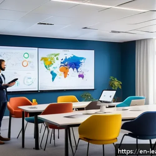 Home 16 마인드맵을 통한 직무 훈련 효과 분석 - A modern corporate training room filled with diverse professionals actively engaged in a live digita...