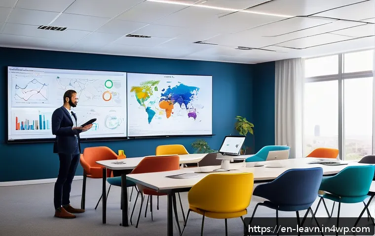 마인드맵을 통한 직무 훈련 효과 분석 - A modern corporate training room filled with diverse professionals actively engaged in a live digita...